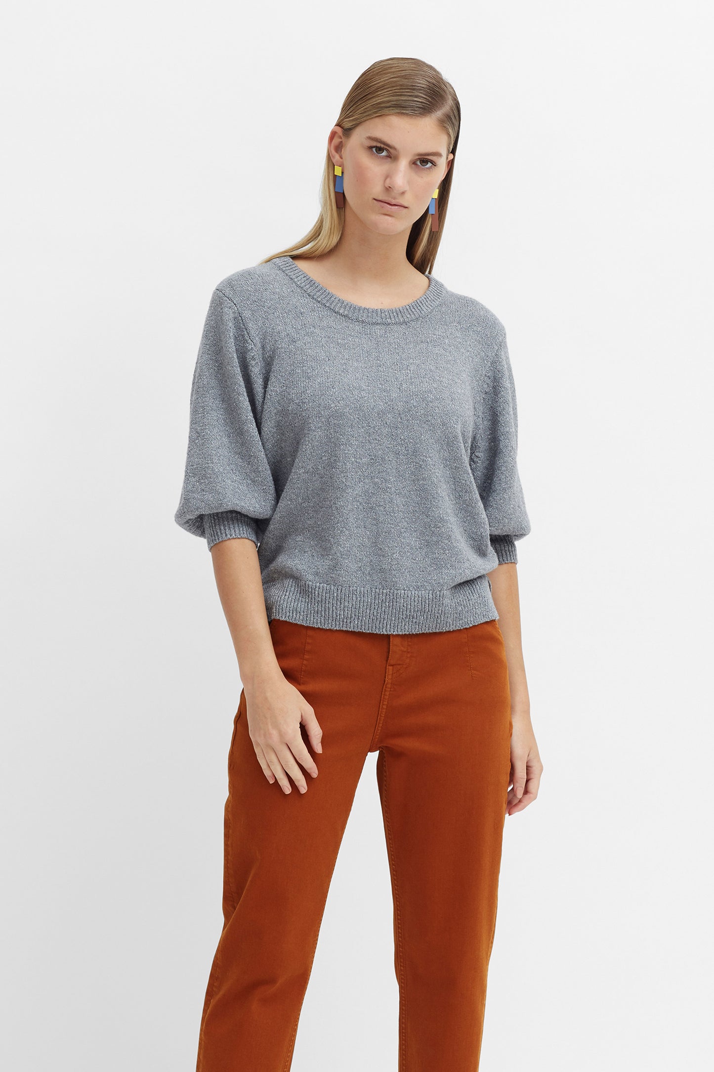 3/4 Balloon Sleeve Cotton Farren Sweater Model Front Annabelle | GREY