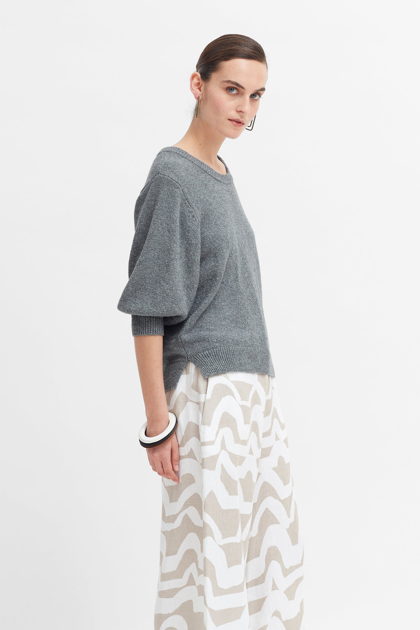 3/4 Balloon Sleeve Cotton Farren Sweater Model Side | GREY