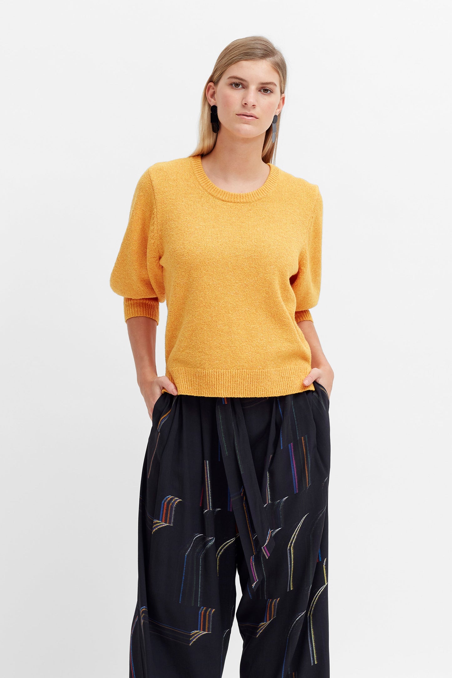 3/4 Balloon Sleeve Cotton Farren Sweater Model Front | MARIGOLD