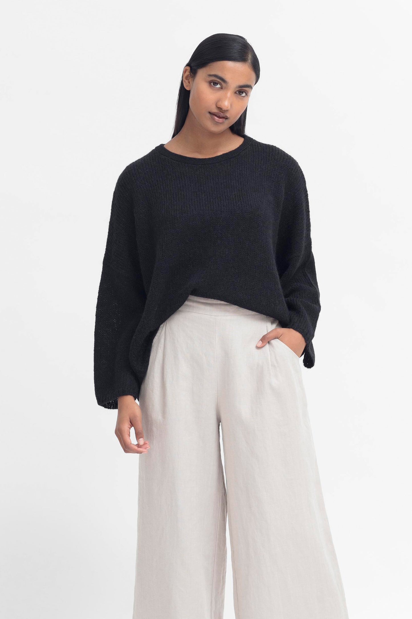 Anga Relaxed Box Fit Alpaca Yarn Knit Sweater Model Front Tucked Anastasia | Black