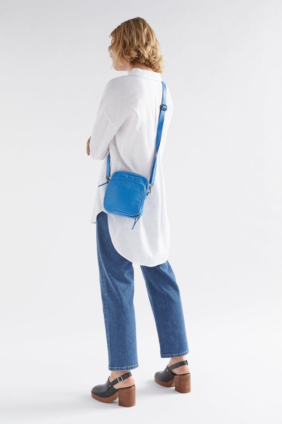 Klim Small Leather Cross Body Bag With Front Pocket Front Model | BRIGHT BLUE