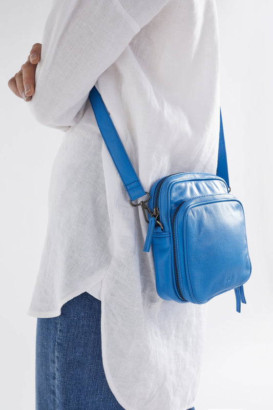 Klim Small Leather Cross Body Bag With Front Pocket On Body | BRIGHT BLUE