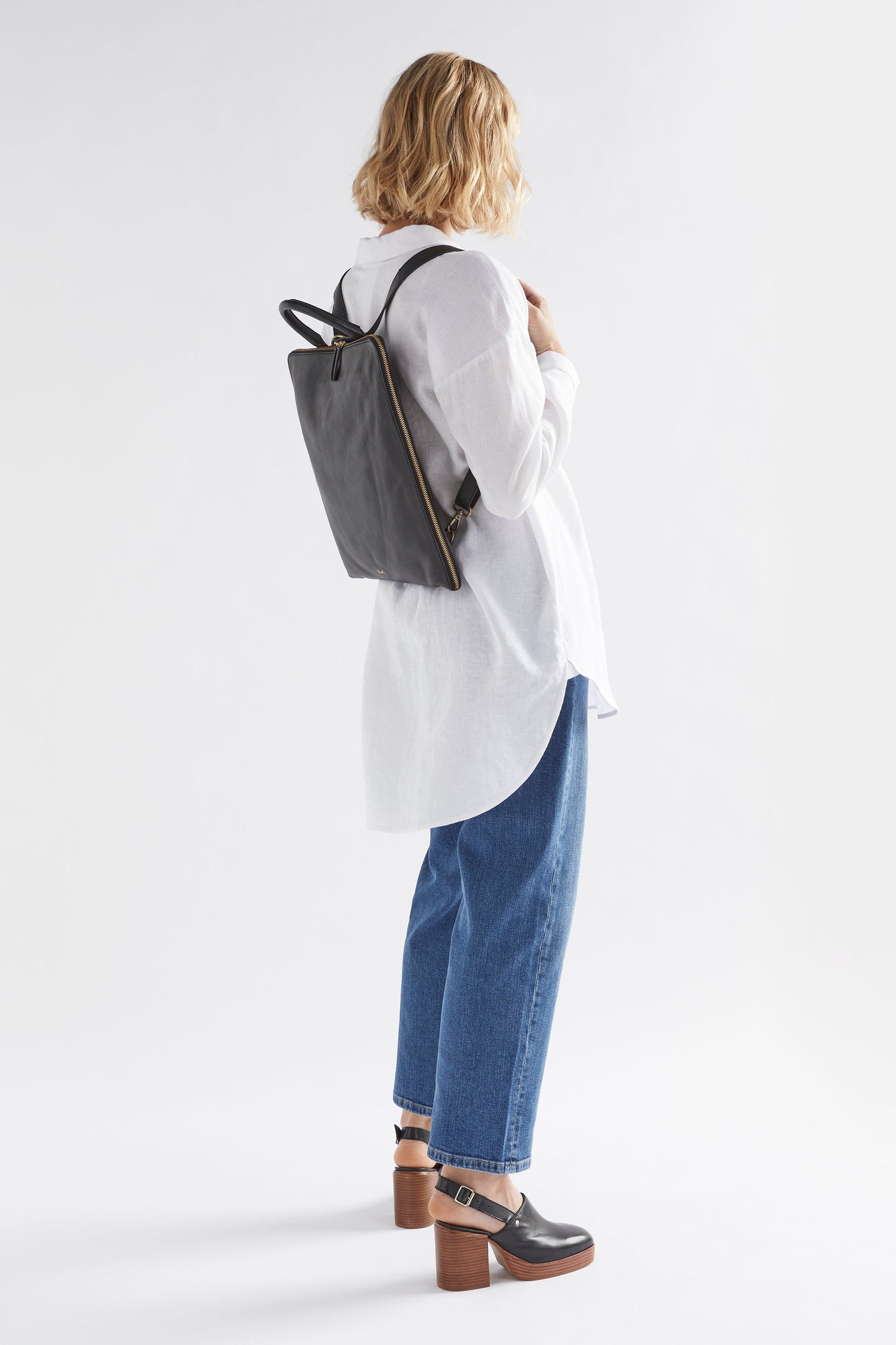 Sindal Minimalistic Leather Backpack Front as back pack full body BLACK