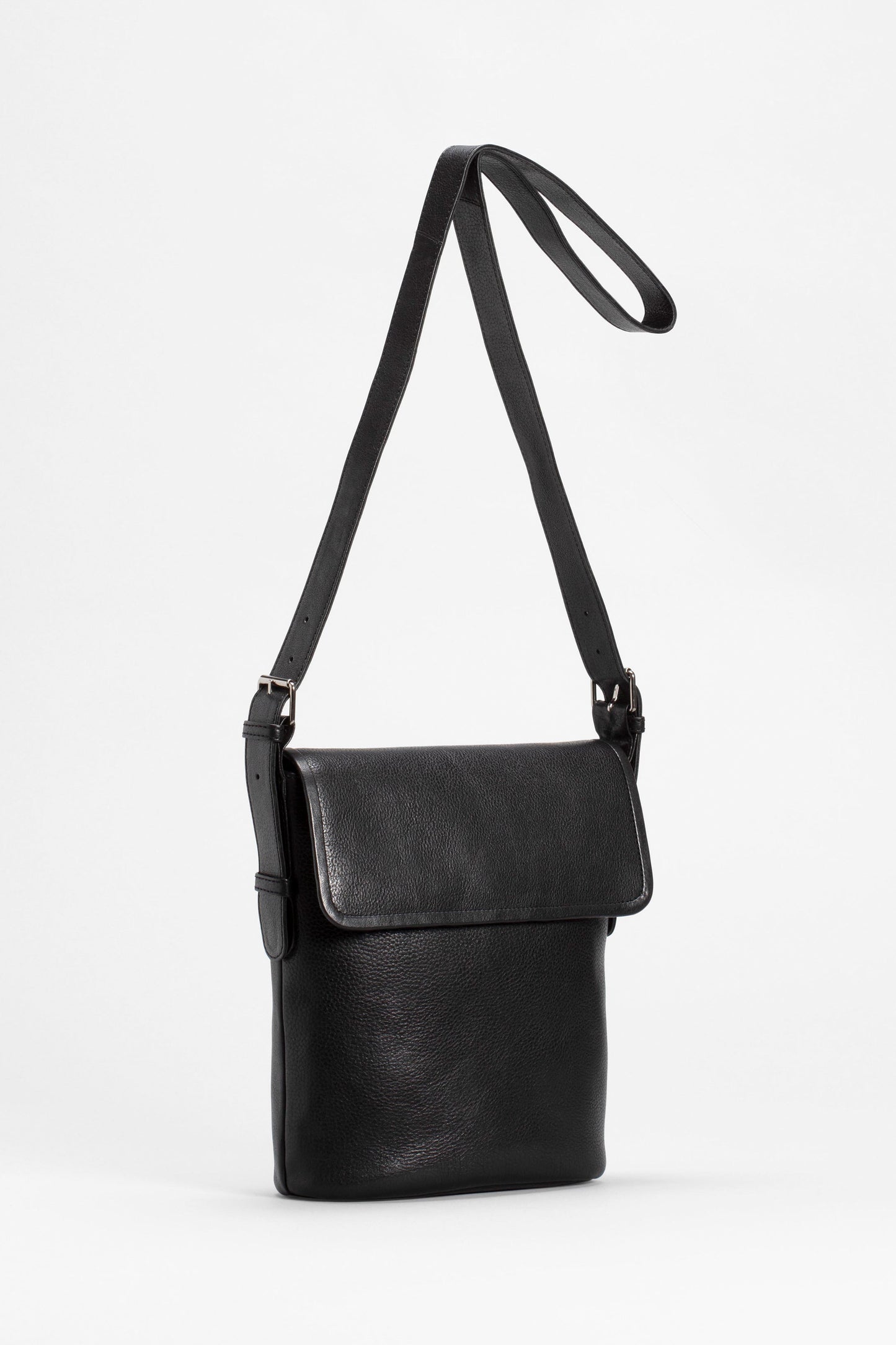 Teo Medium sized Leather Crossbody Bag with flap Front BLACK