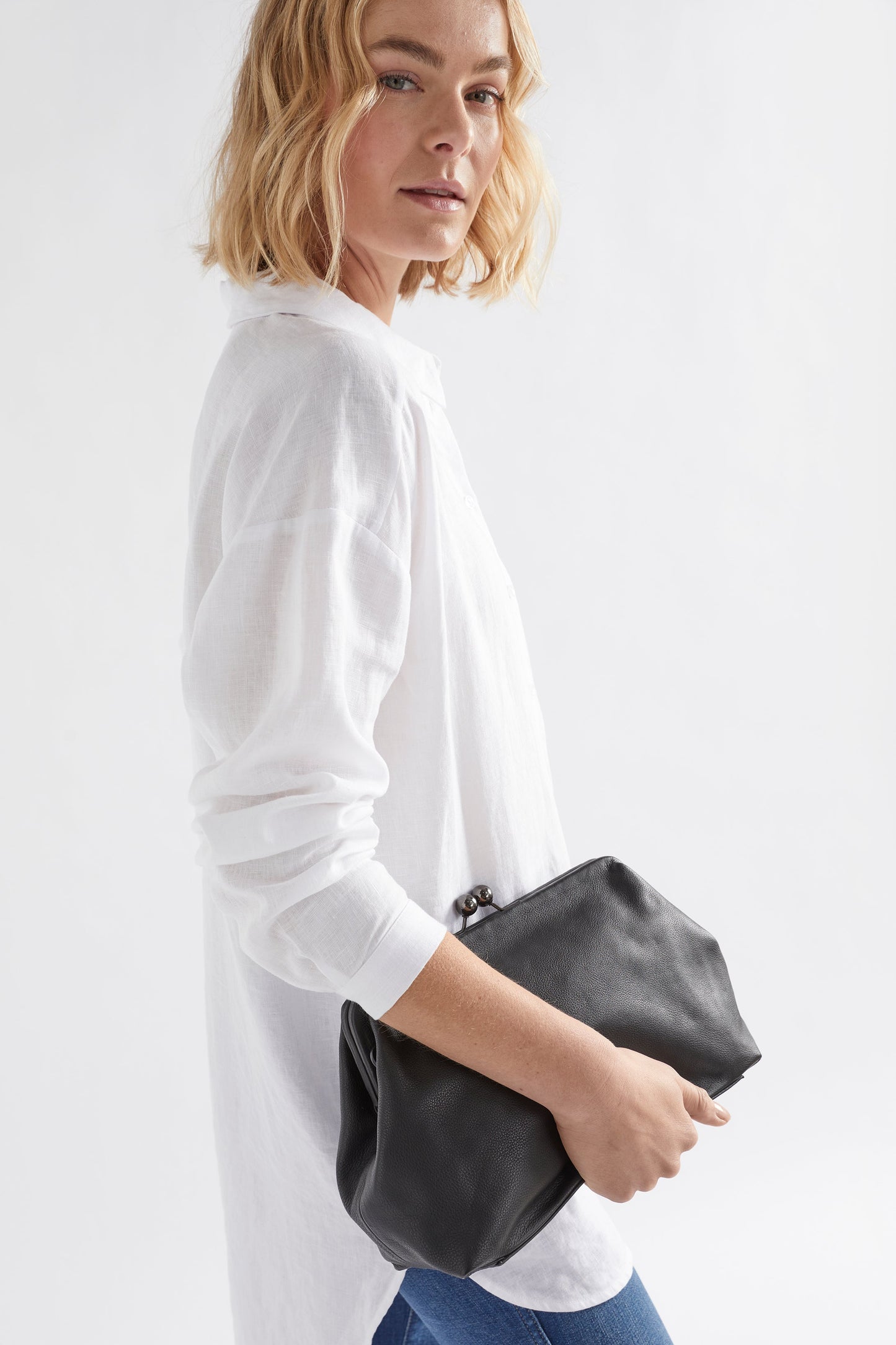 Ulla Vintage Style Clip Frame leather clutch bag with strap front as clutch BLACK