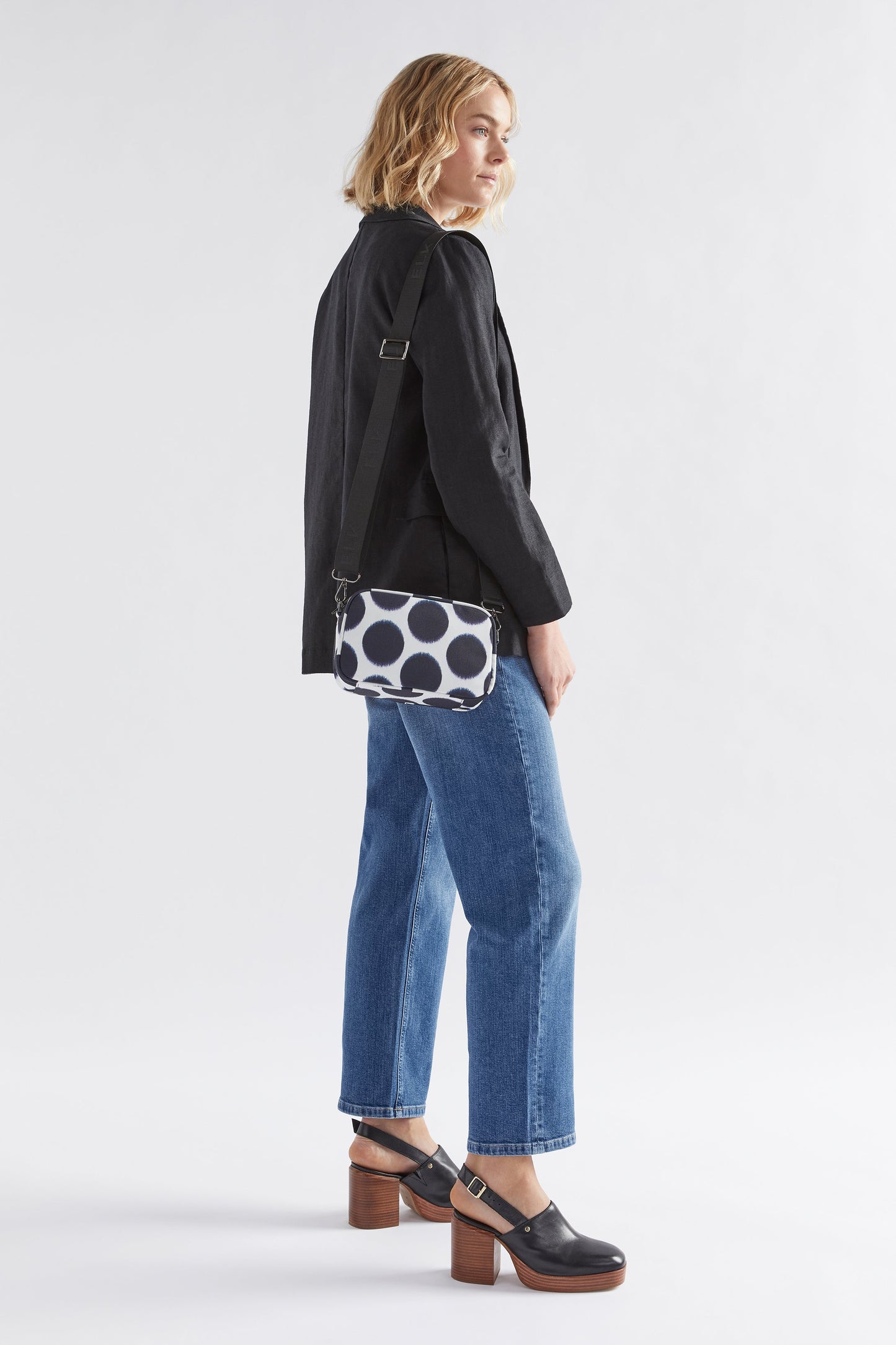 Kassel Print Recycled Mini Crossbody Bag Model Full Body  | SOFT SPOT PRINT