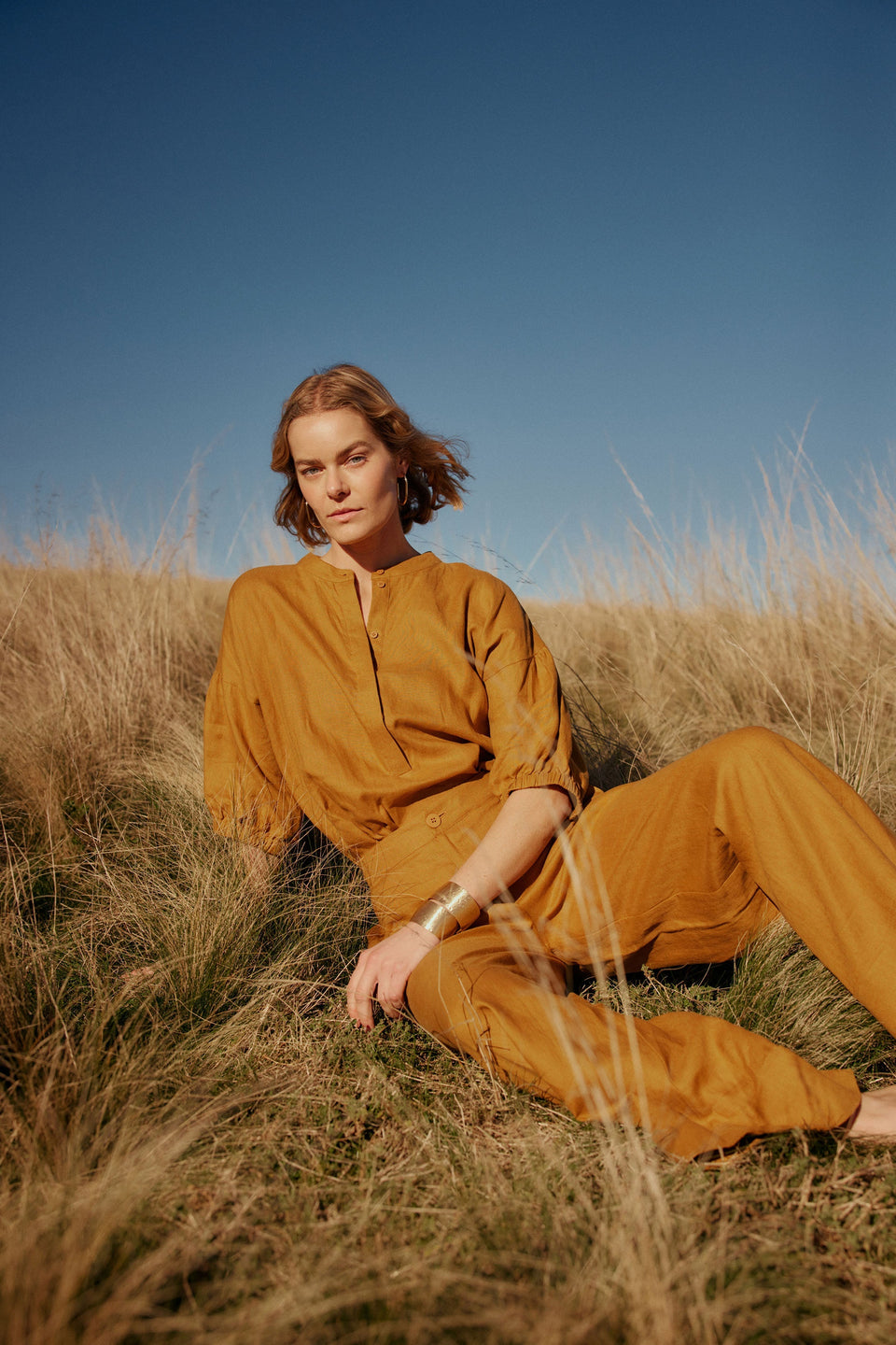 Strom Mid Rise Wide Leg Linen Pant Campaign | HONEY GOLD